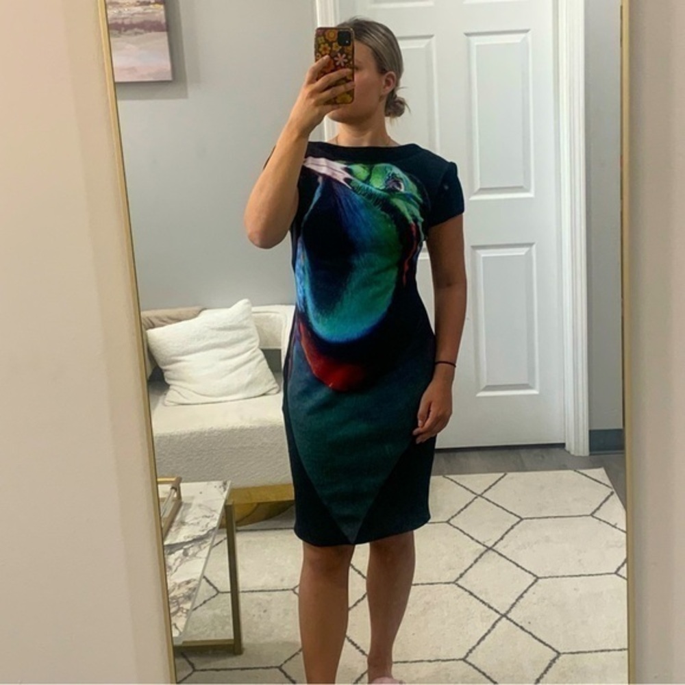 Theia Dress Graphic Bird Midi Bodycon in Black Blue